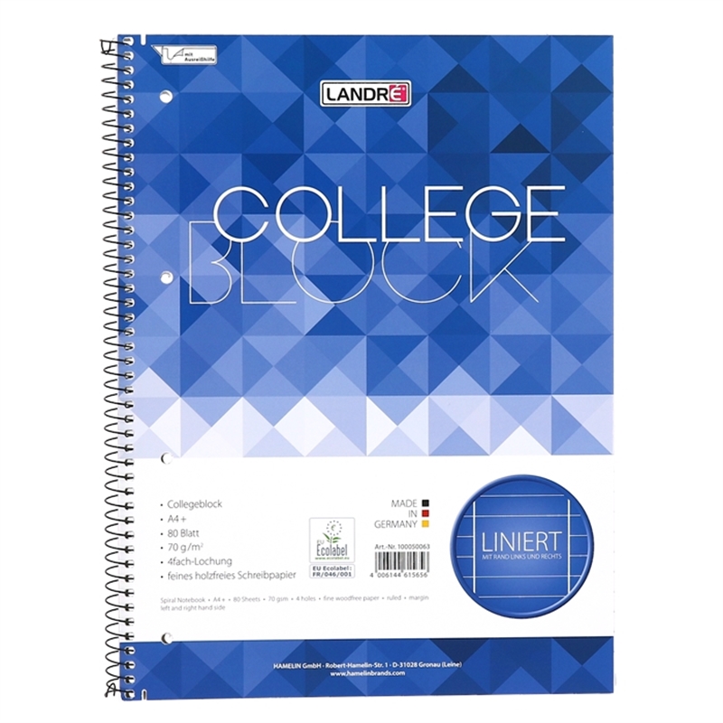 Bild von LANDRÉ® Collegeblock, liniert 9 mm, 4fach Lochung, A4, 70 g/m², weiß, 80 Blatt