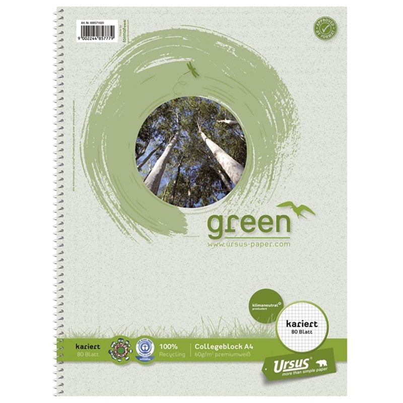 Bild von Ursus Green Collegeblock - A4, 80 Blatt, 60g/qm, kariert