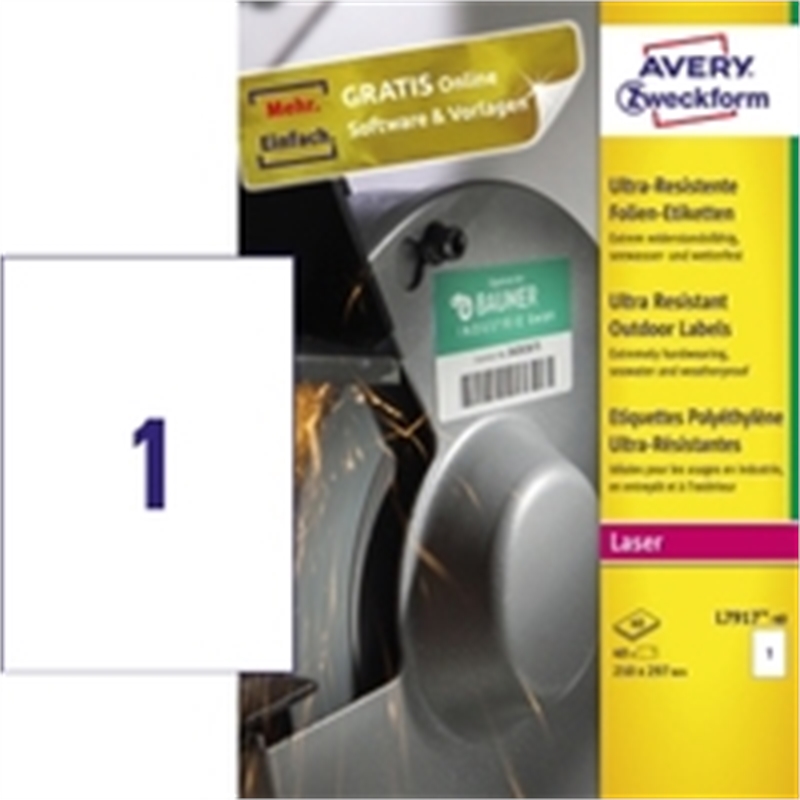 Bild von Avery Zweckform L7917-40 Ultra-Resistente Folien-Etiketten - A4, 40 Stück, 210 x 297 mm