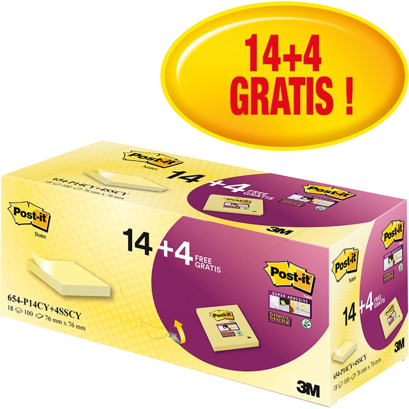 Bild von Post-it Haftnotiz Super Sticky 654-P14CY+4SSCY gelb 18 St./Pack.