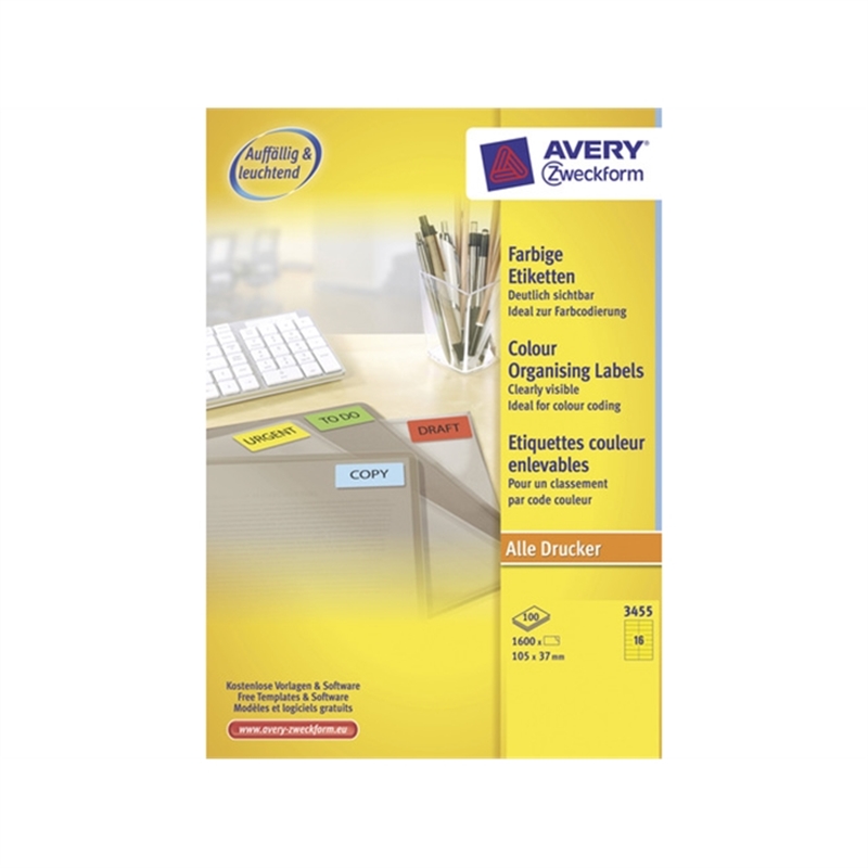 Bild von AVERY AV-3455 - Etikett 105x37 mm, 100 Blätter, 16 Etiketten pro Blatt, Gelb